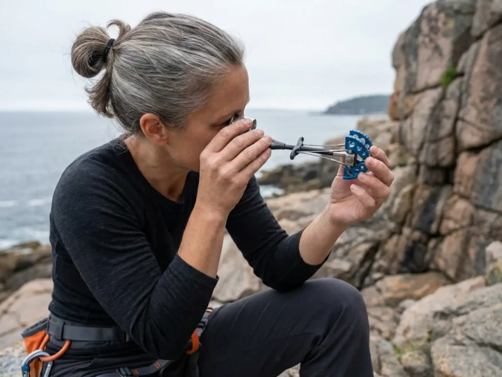 Climber using jeweler's loupe to inspect cam trigger wire for galvanic corrosion damage