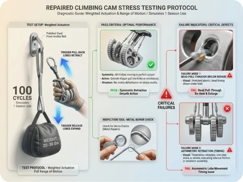 Step-by-step visual guide to the 100-cycle stress test for repaired climbing cams, showing weighted actuation setup and specific failure indicators like bead pull-through and asymmetric lobe retraction.
