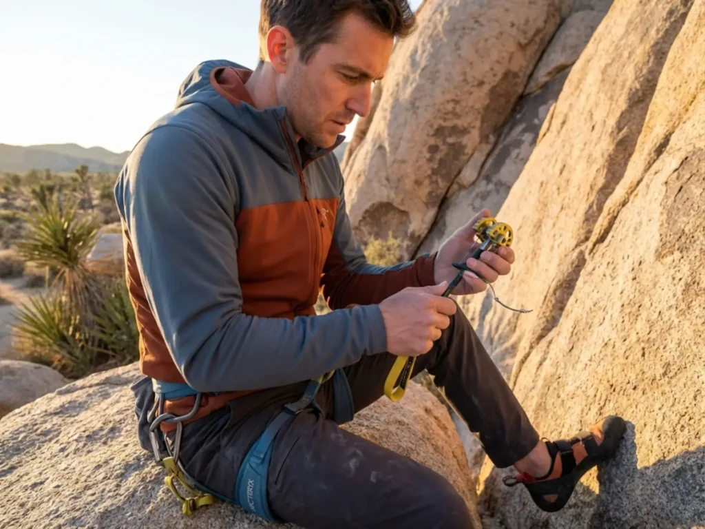 Climber performing 100-cycle stress test on repaired cam trigger wire before field use