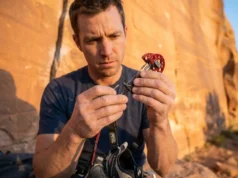 What Actually Works for Cam Trigger Wire Repair Climber inspecting damaged Black Diamond cam trigger wire at Indian Creek sandstone crag