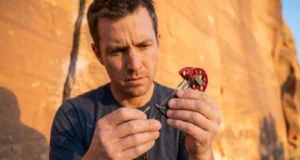 What Actually Works for Cam Trigger Wire Repair Climber inspecting damaged Black Diamond cam trigger wire at Indian Creek sandstone crag