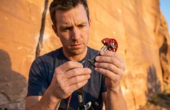 What Actually Works for Cam Trigger Wire Repair Climber inspecting damaged Black Diamond cam trigger wire at Indian Creek sandstone crag
