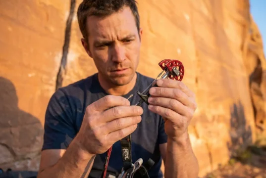 What Actually Works for Cam Trigger Wire Repair Climber inspecting damaged Black Diamond cam trigger wire at Indian Creek sandstone crag