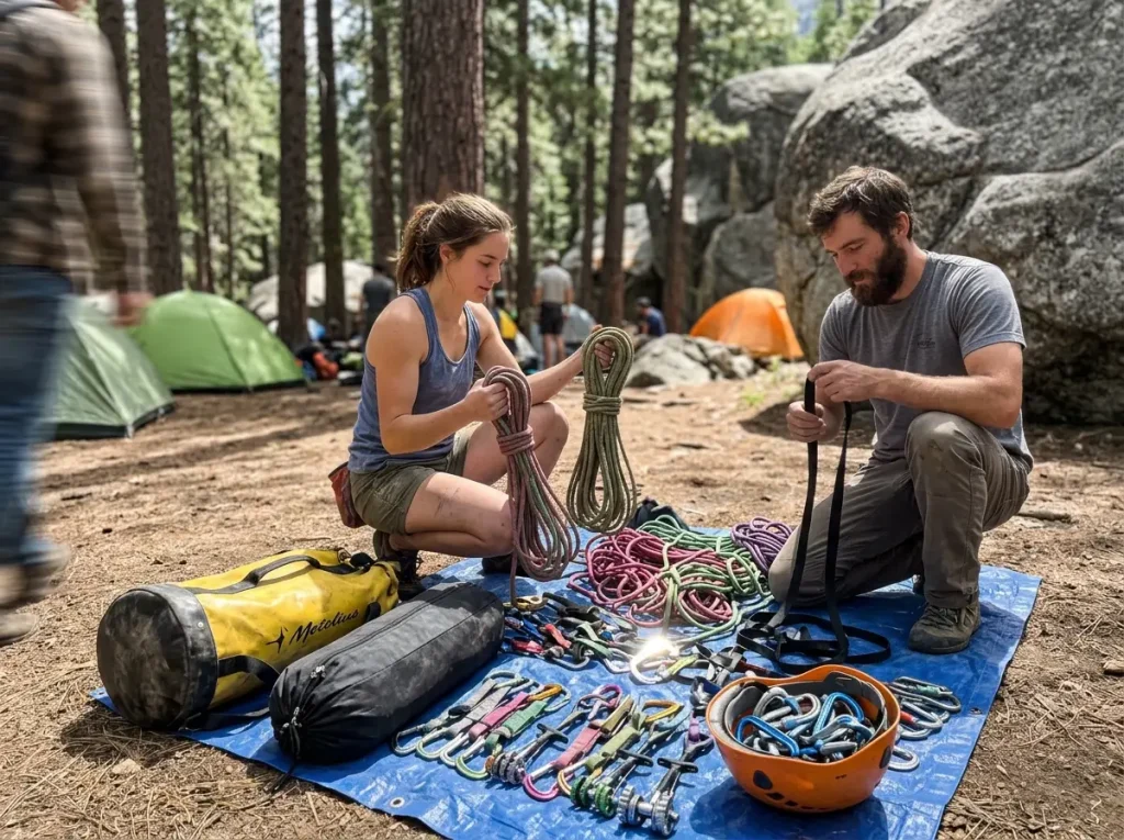 Climbers sorting big-wall gear on a tarp at a shaded Camp 4 campsite in Yosemite while a stranger walks up