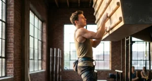 The Biomechanics Behind Effective Campus Board Work Climber performing explosive campus board move demonstrating proper scapular engagement and body positioning