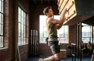 The Biomechanics Behind Effective Campus Board Work Climber performing explosive campus board move demonstrating proper scapular engagement and body positioning
