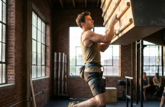 The Biomechanics Behind Effective Campus Board Work Climber performing explosive campus board move demonstrating proper scapular engagement and body positioning