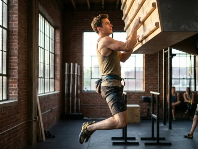 campus-board-biomechanics-training-technique Climber performing explosive campus board move demonstrating proper scapular engagement and body positioning
