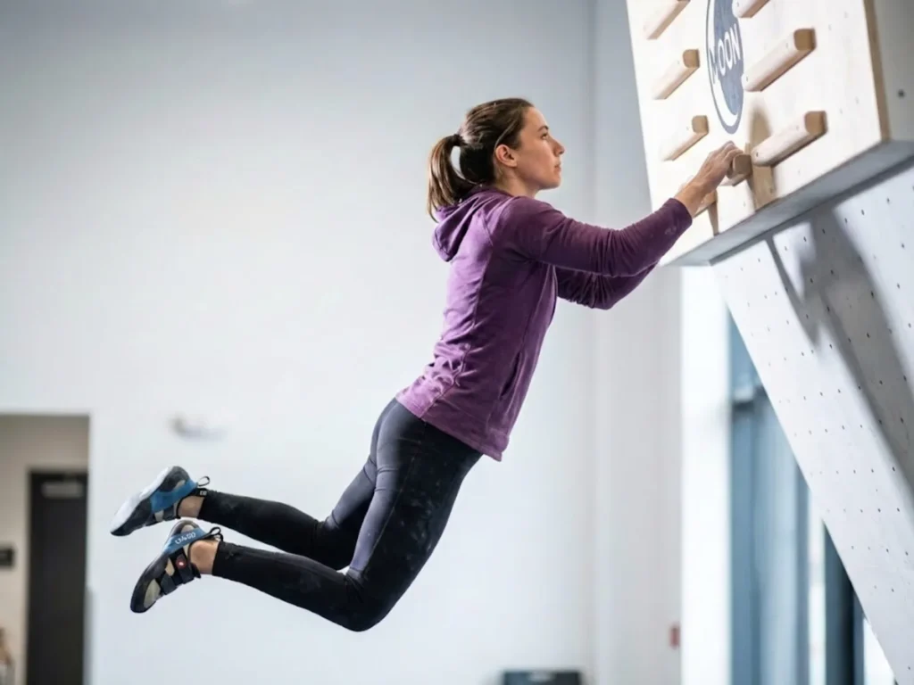 Climber demonstrating perfect deadpoint timing and technique during campus board move with full body extension