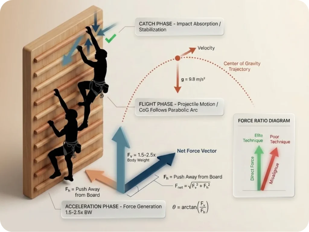 Force-vector diagram showing vertical and horizontal force components during a campus board move, with arrows indicating center of gravity trajectory, acceleration phase, flight phase, and catch phase, including labeled force magnitudes of 1.5x-2.5x body weight and angle measurements.