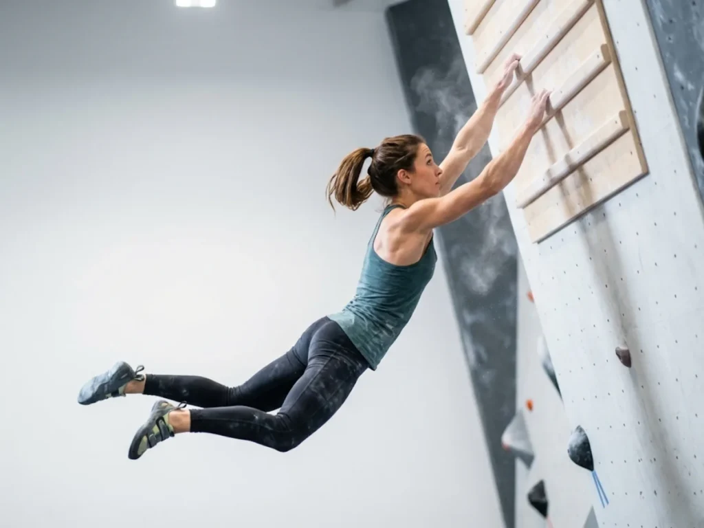 Female climber demonstrating projectile motion physics during explosive campus board skip move
