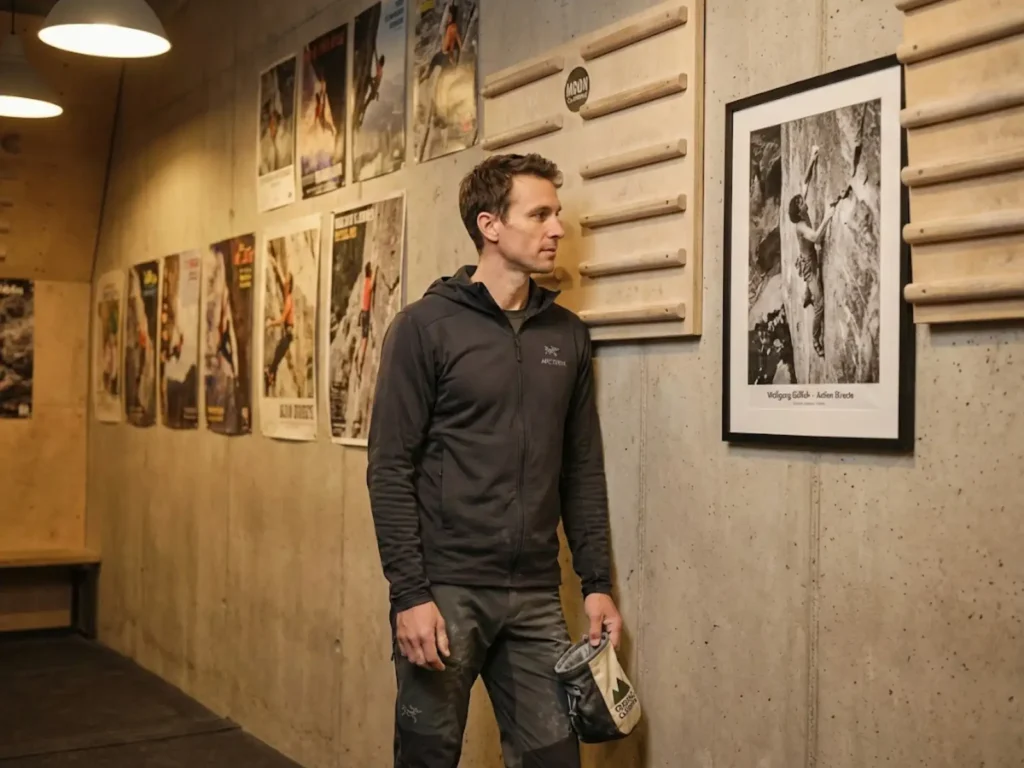 Climber examining historical Wolfgang Güllich photo next to traditional wooden campus board in training gym