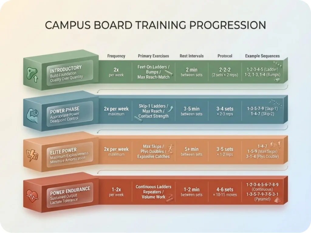 Periodization table showing campus board training phases: Introductory, Power Phase, Elite Power, and Power Endurance, with color-coded sections indicating frequency, primary exercises, rest intervals, and example rung sequences for each phase.