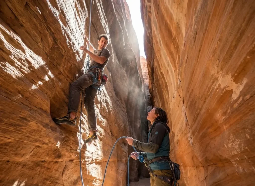 Narrow climbing canyon demonstrating acoustic amplification environment at the crag
