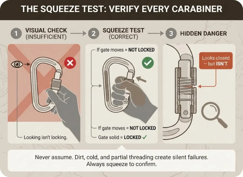 Three-step instructional infographic showing the carabiner squeeze test sequence: visual inspection alone is insufficient, the squeeze test verifies locking, and a close-up reveals a partially engaged screwgate that appears closed but isn't locked.