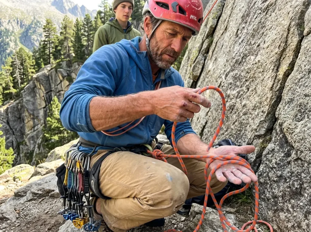 A certified mountain guide coiling a rope and organizing hardware at the base of a granite wall
