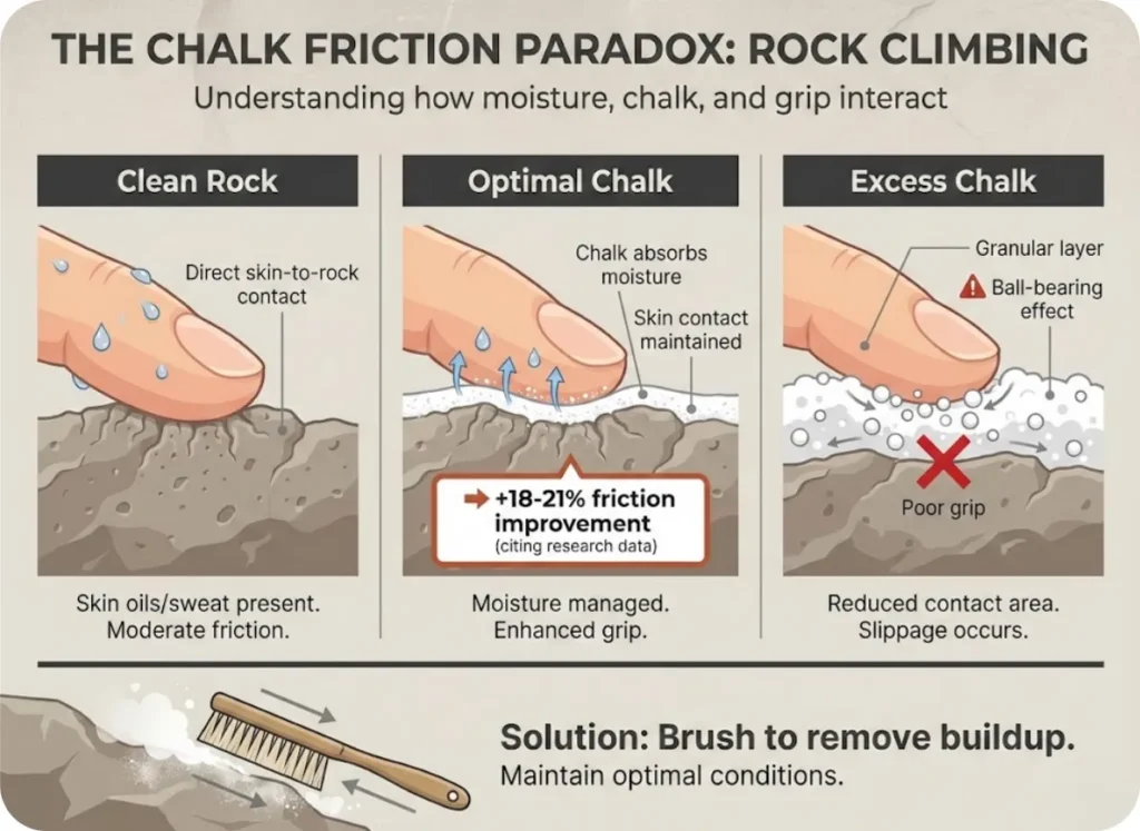 Educational infographic showing the chalk friction paradox in rock climbing: clean rock surface contact, optimal chalk application absorbing moisture, and excess chalk creating a granular ball-bearing effect that reduces grip, with 18-21% friction improvement callout.