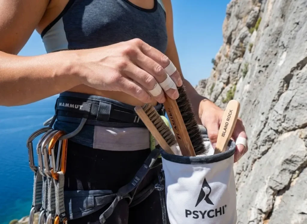 Climber choosing boar hair brush from chalk bucket at base of limestone sport climb