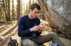 What To Do the First 48 Hours After a Pulley Injury Climber examining injured finger after pulley injury at outdoor bouldering area during golden hour