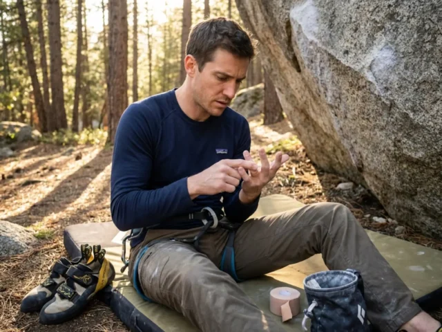 climber-examining-pulley-injury-first-response Climber examining injured finger after pulley injury at outdoor bouldering area during golden hour