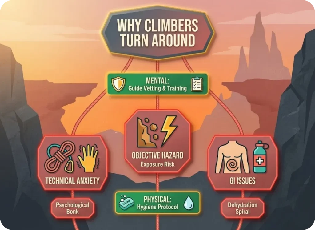 A vertical flowchart set against a sunset rock face background illustrating why climbers turn around, featuring icons for technical anxiety, GI issues, and objective hazards, with marked prevention intervention points.