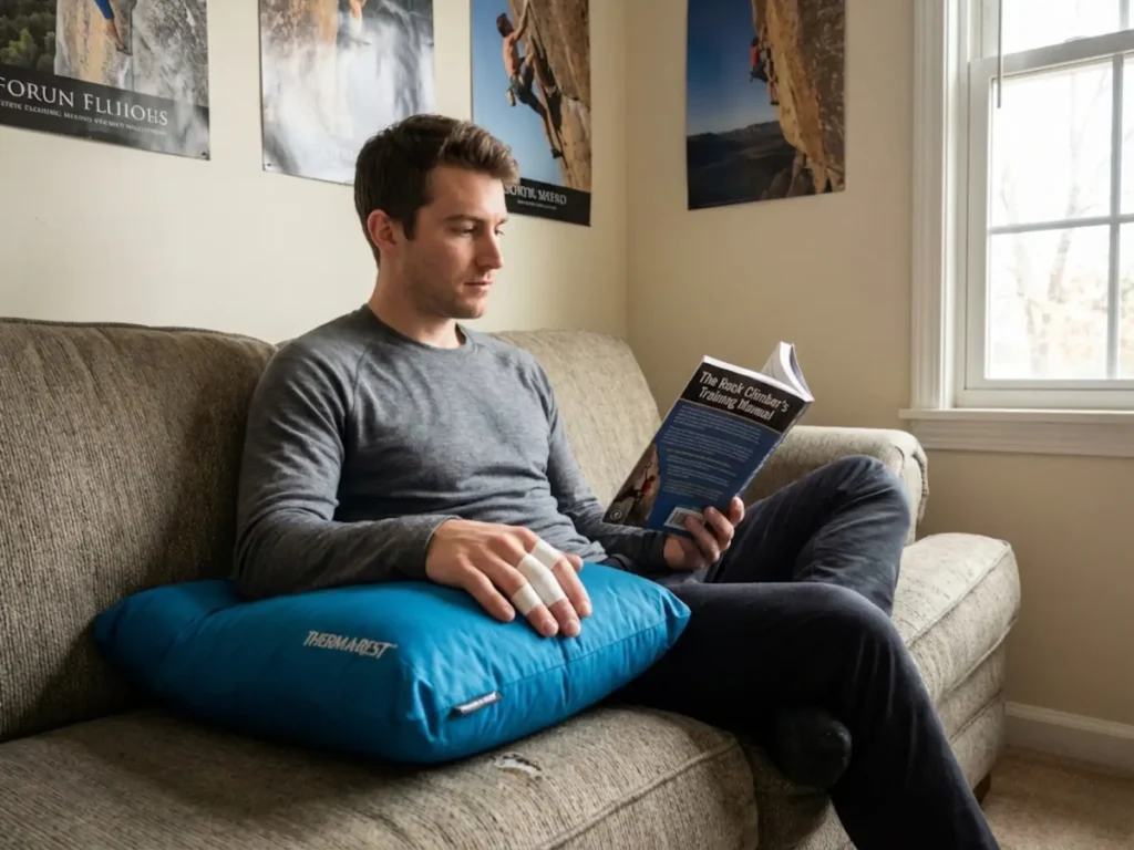 Climber resting at home with injured finger elevated on pillow following PEACE protocol for inflammation