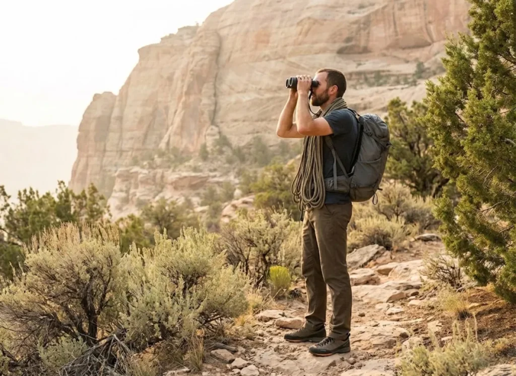 Climber using binoculars from approach trail to scout for raptor nesting activity on cliff
