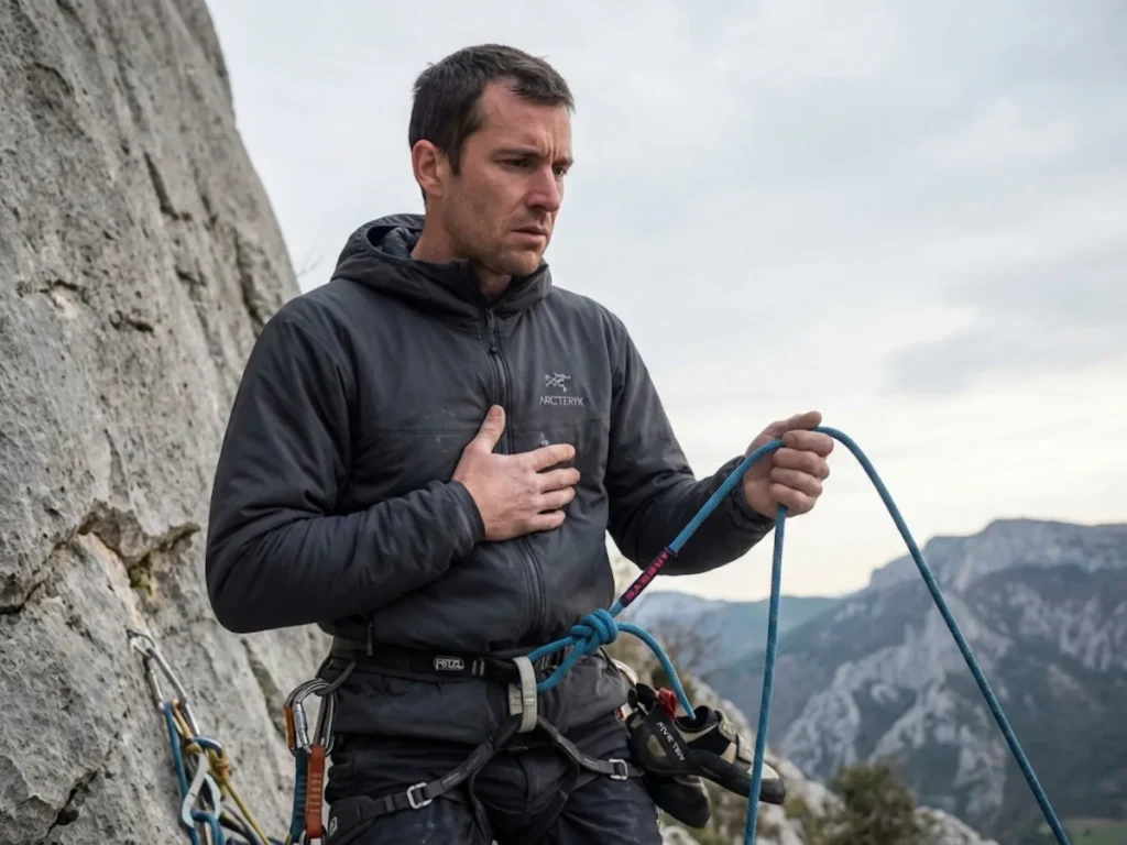 Climber immediately stopping session and descending after finger injury, protecting injured hand