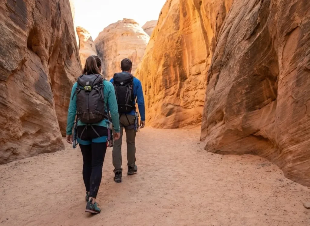 Two climbers walking single file along a dry desert wash avoiding cryptobiotic soil areas