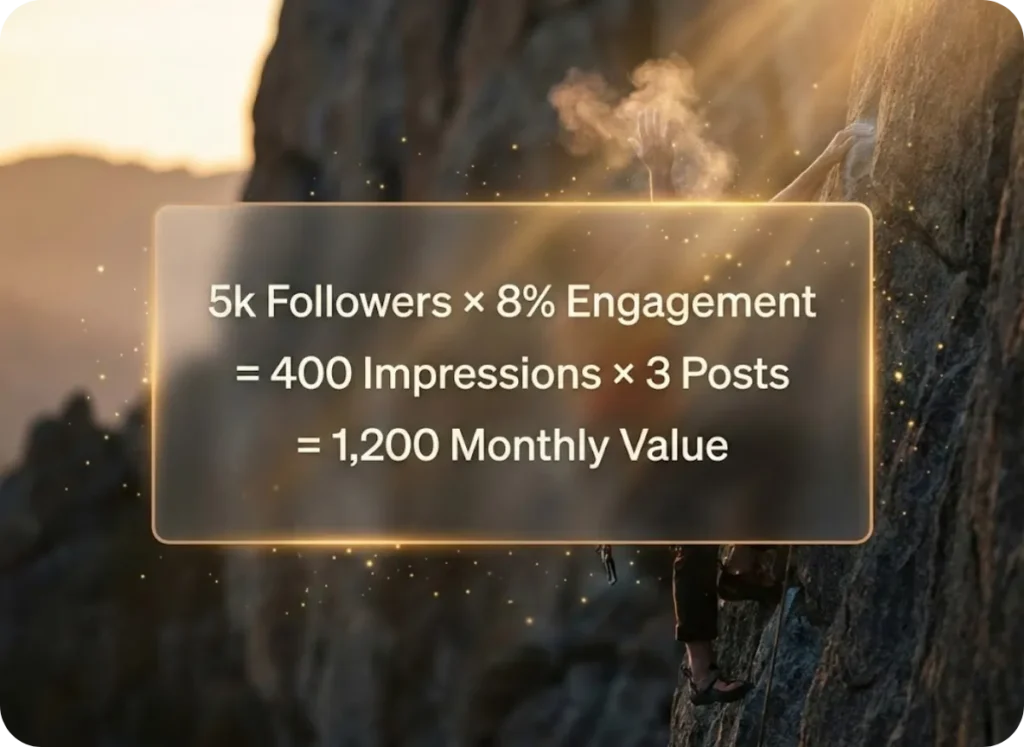 Climbing influencer value calculator infographic showing the formula: 5k Followers x 8% Engagement equals 1,200 Monthly Value, overlaying a cinematic background of a climber chalking hands.