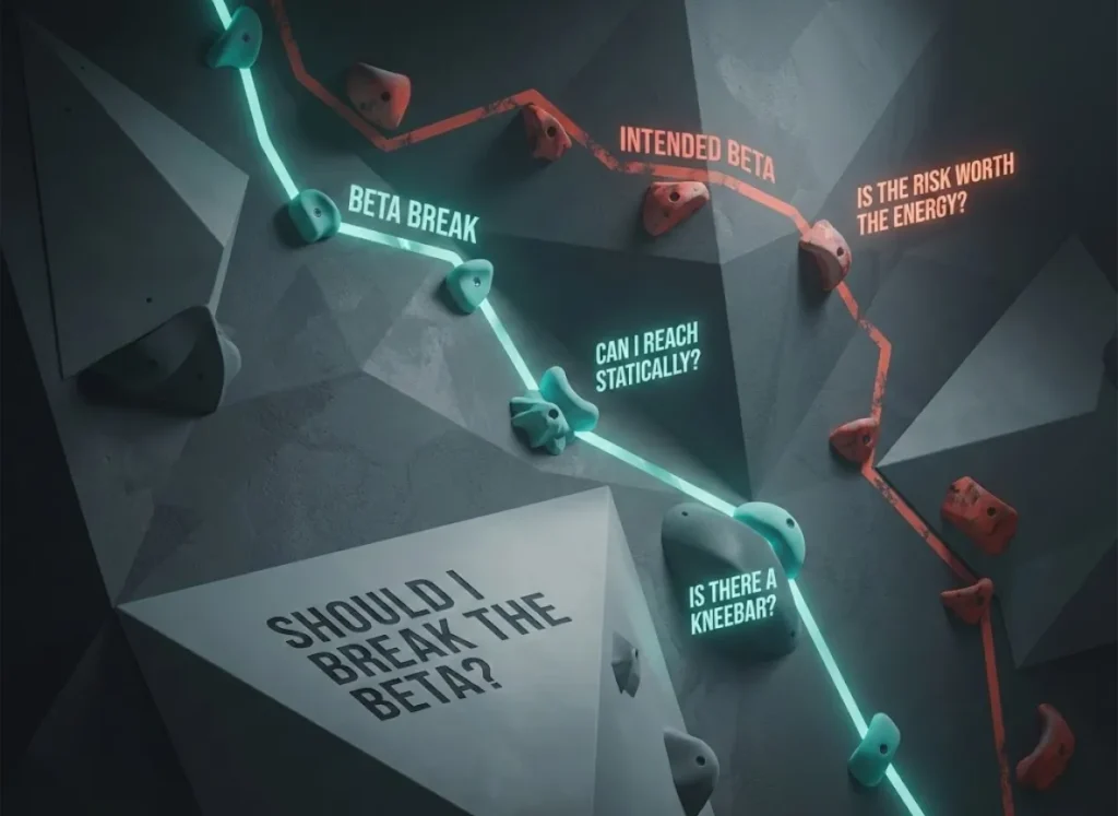 A stunning 3D isometric infographic set on a stylized rock climbing wall, illustrating a decision tree for finding a 'Beta Break'. The image contrasts risky dynamic moves with static flexibility using floating text labels and illuminated paths.