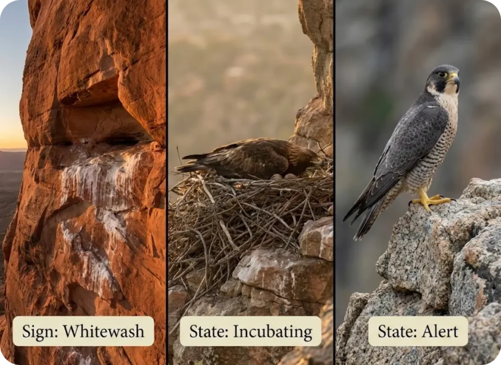 A three-panel guide for climbers showing bird nesting signs: whitewash on a cliff wall, a Golden Eagle incubating low in a nest, and a Peregrine Falcon in a tall alert posture.