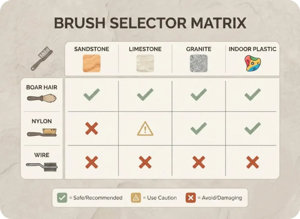 Educational brush selector matrix infographic for rock climbing showing compatibility of boar hair, nylon, and wire brushes across sandstone, limestone, granite, and indoor plastic surfaces with color-coded checkmarks and warnings.