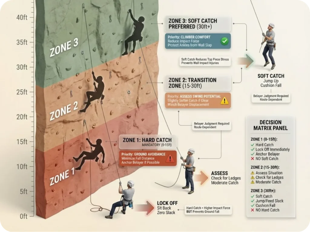 Vertical climbing route diagram divided into three color-coded safety zones: red zone (0-15ft) requiring hard catch, yellow transition zone (15-30ft) with assessment-based catch, and green zone (30ft+) with soft catch preferred, each showing appropriate belayer technique.