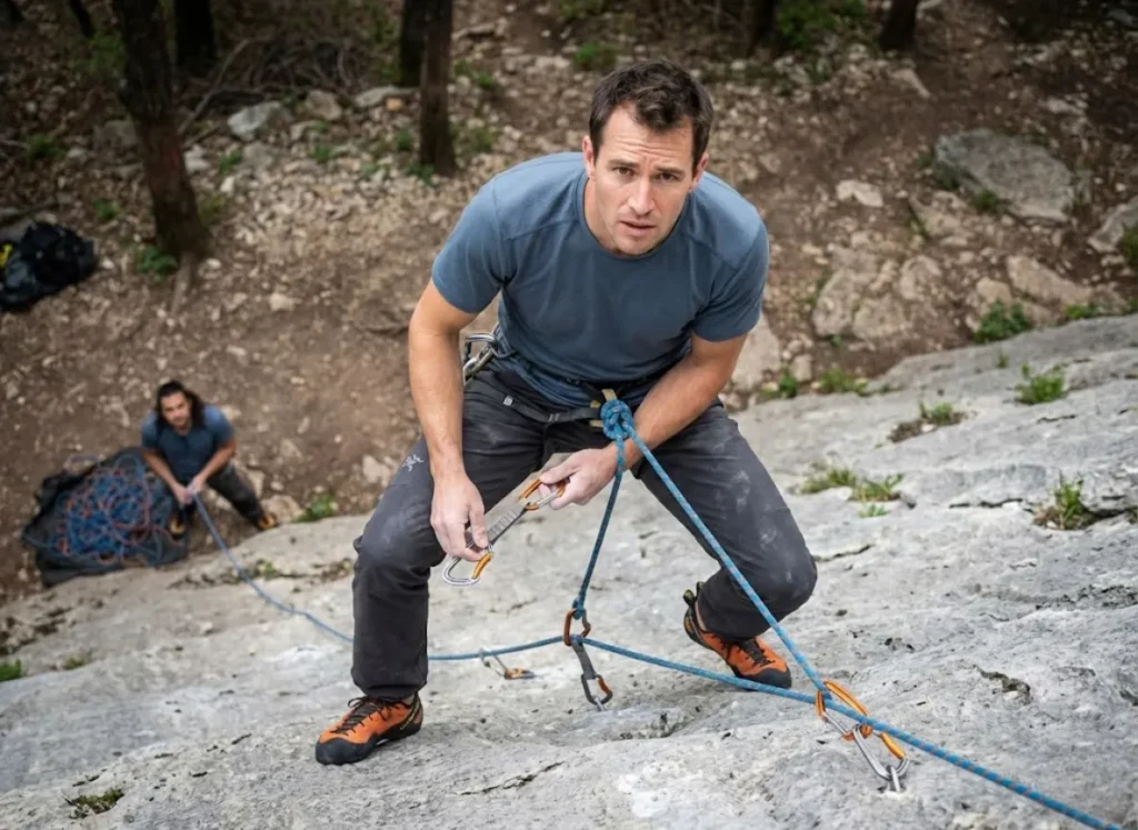 Experienced rock climber pausing mid-route to verify protection placement