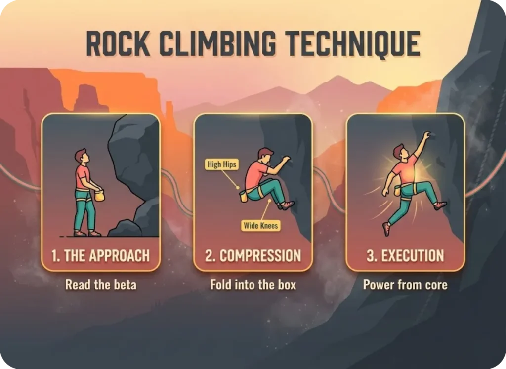 A 3-step illustrated climbing technique sequence showing a climber character demonstrating the approach, compression with high hips and wide knees, and core-driven execution against a sunset rock face background.