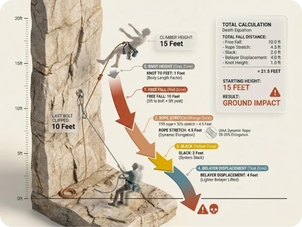 Technical climbing safety diagram illustrating the "Fall Equation" showing a climber at 15ft with bolt at 10ft, with labeled arrows demonstrating each component of total fall distance: free fall, rope stretch, belayer displacement, slack, and knot height, resulting in ground impact.