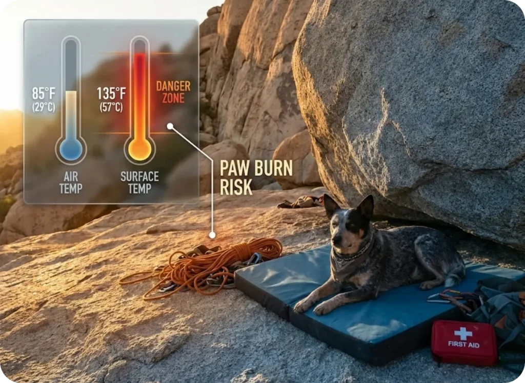 Educational infographic overlay on a cinematic shot of a dog resting in the shade at a rock climbing crag. A comparison chart displays Air Temperature (85°F) versus Rock Surface Temperature (135°F), highlighting a 'Danger Zone' for paw burns and canine safety at the cliff base.