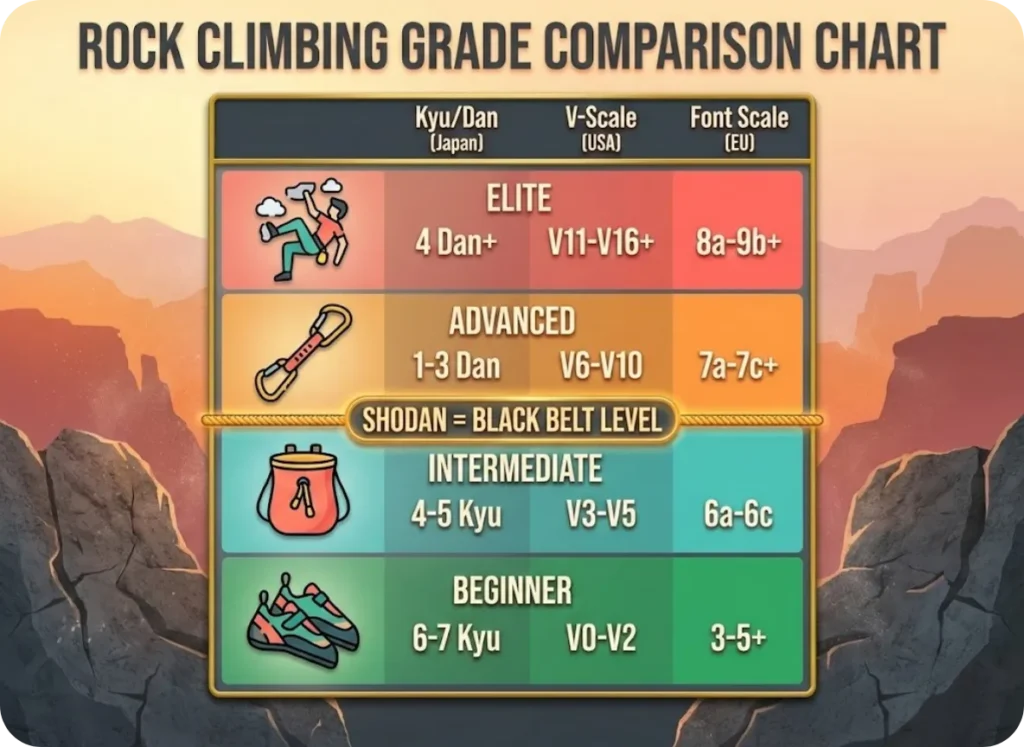 A vertical climbing grade comparison chart set against a sunset rock face background, comparing Japanese Kyu/Dan, USA V-Scale, and European Font scales, featuring illustrated icons for beginner to elite levels.