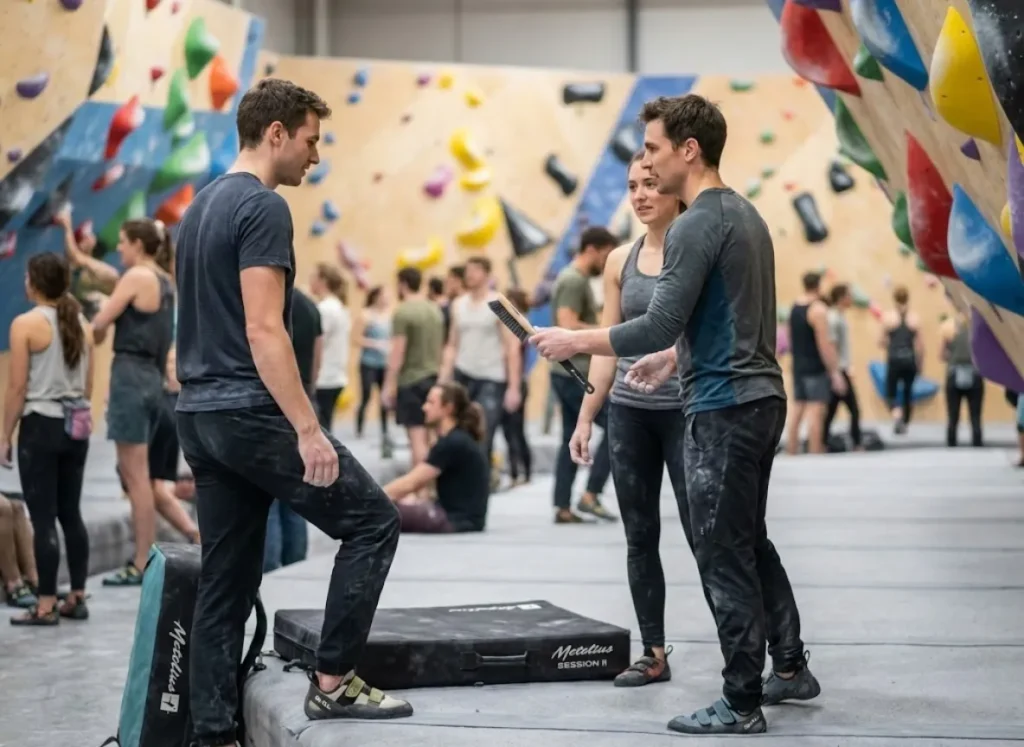Climber sharing brush with partner in busy gym showing bouldering etiquette