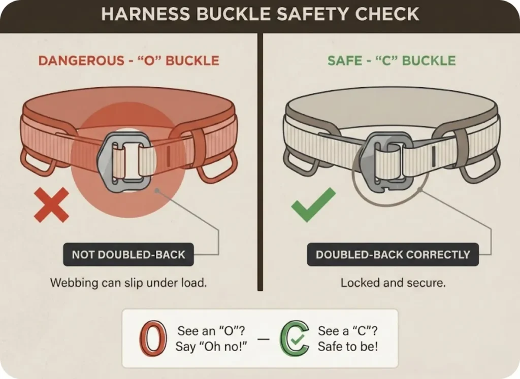Safety comparison infographic showing the dangerous "O" buckle configuration (open, not doubled-back) versus the safe "C" buckle configuration (correctly doubled-back) on a climbing harness, with red warning overlay on the dangerous setup.
