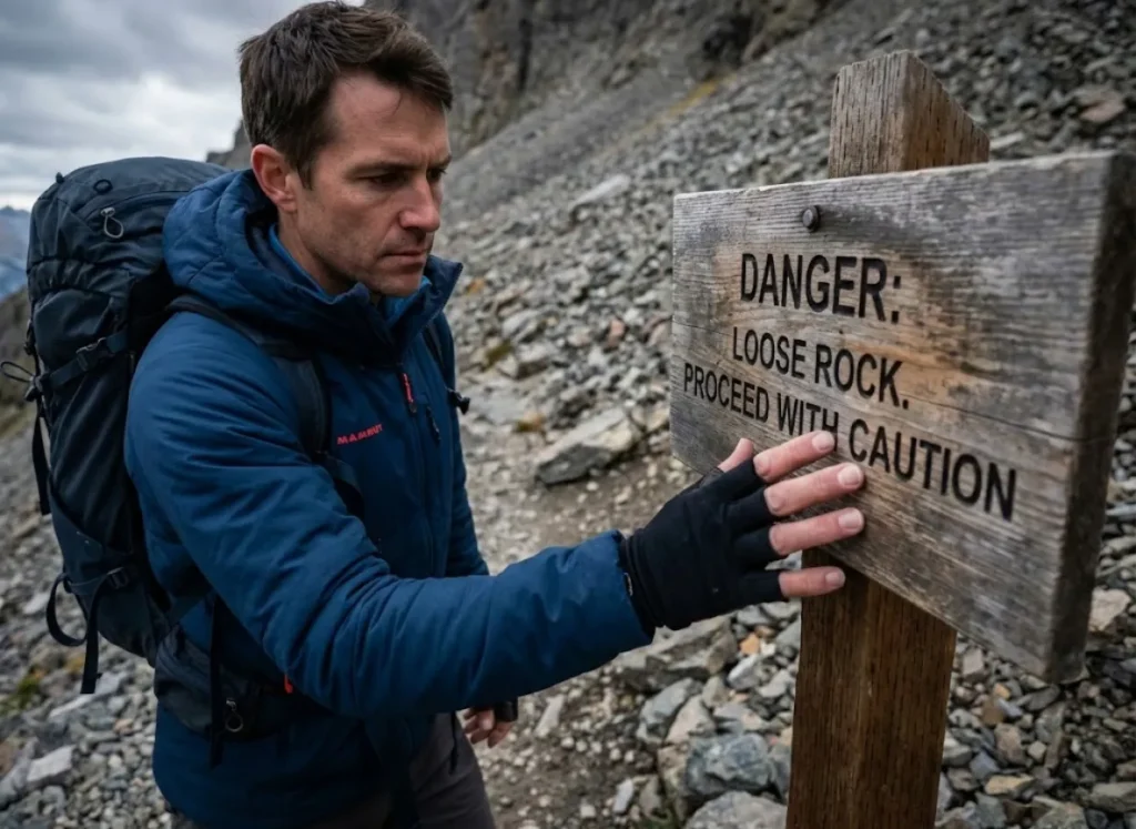 Climber reading hazard warning sign on private land climbing approach trail