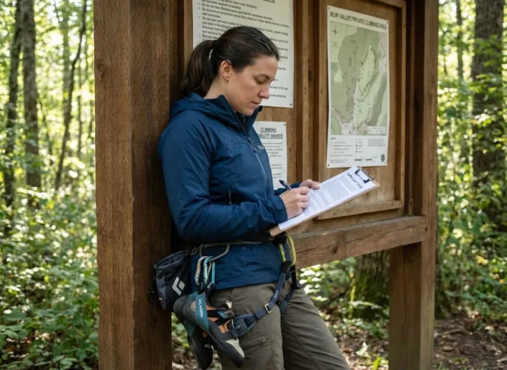 Climber signing liability waiver at private climbing area trailhead kiosk