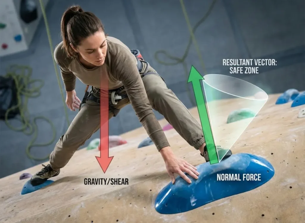 An annotated photograph of a rock climber on a large slab volume, illustrating the forces of friction. A red arrow labeled "Gravity/Shear" points down, a green arrow labeled "Normal Force" points perpendicular to the hold, and a translucent cone labeled "Resultant Vector: Safe Zone" indicates the effective angle of pressure.