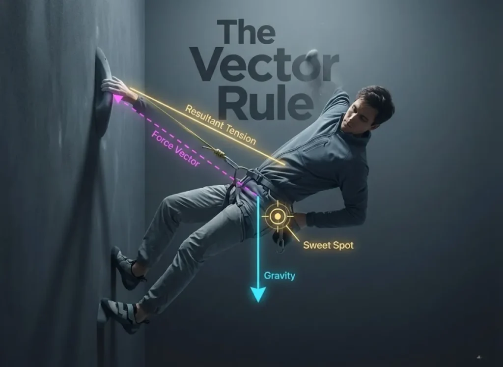 A stunning semantic infographic featuring a rock climber on a technical wall. The image overlays augmented-reality style arrows and text labels to illustrate physics concepts like gravity, force vectors, and the "sweet spot" for body tension.