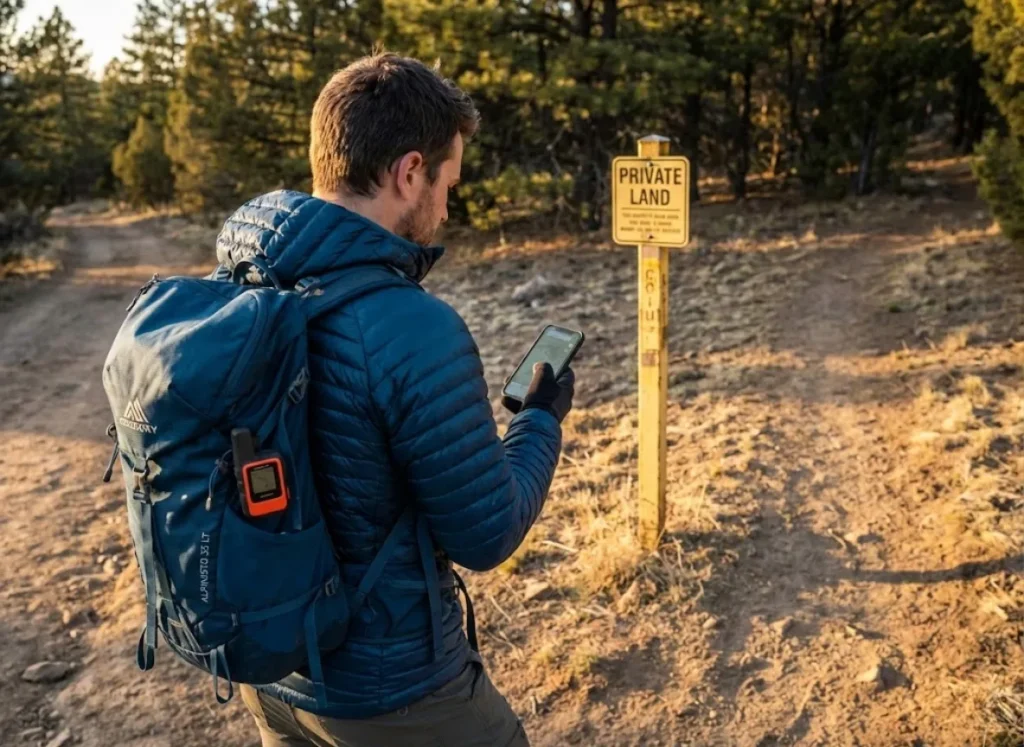 Climber checking property boundaries on phone app before accessing private climbing area