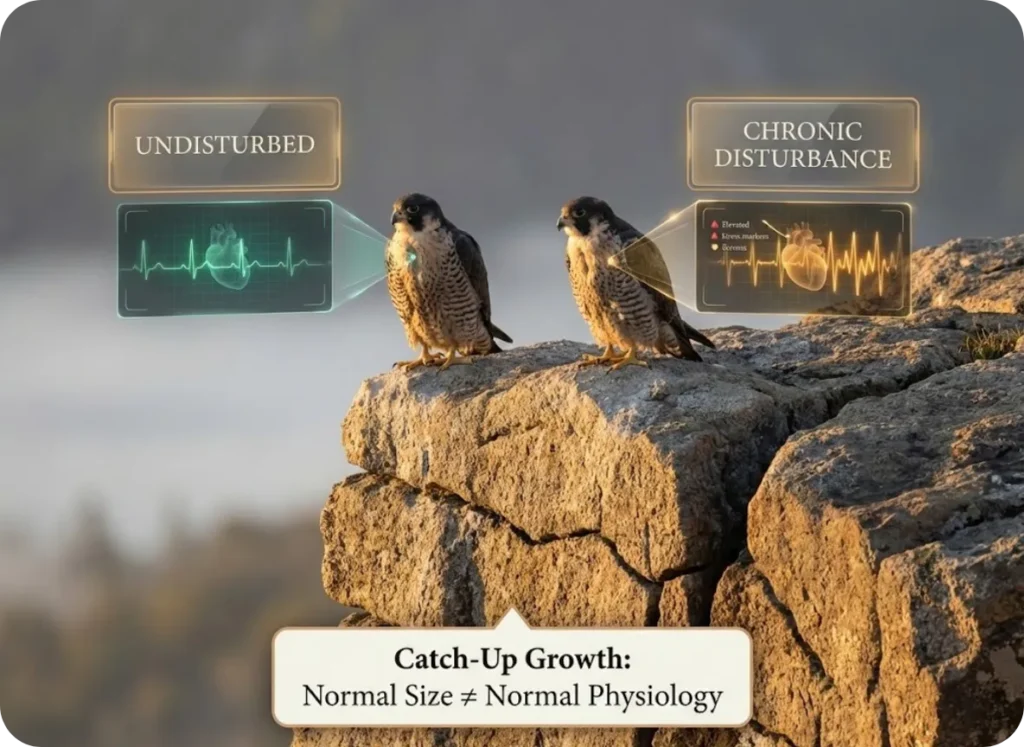 A high-quality split-screen infographic comparing two identical-looking juvenile peregrine falcons perched on a granite cliff ledge. The left falcon is labeled "UNDISTURBED" with a green holographic overlay showing a calm, steady heart rhythm. The right falcon is labeled "CHRONIC DISTURBANCE" with an amber warning overlay revealing elevated stress markers and rapid heart rate inside the bird. A callout box at the bottom explains the concept: "Catch-Up Growth: Normal Size ≠ Normal Physiology.