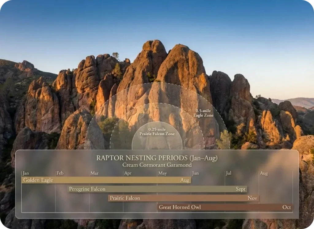 Cinematic infographic timeline overlaying a golden-hour rock climbing crag, illustrating the nesting seasons (January to August) and buffer zones for Prairie Falcons, Golden Eagles, and Great Horned Owls.