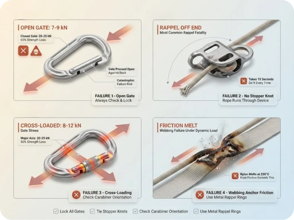 Anatomy of failure diagram showing four critical rescue failure points: open gate carabiner with reduced 7-9 kN strength, rope end without stopper knot falling through device, cross-loaded carabiner with stress concentration, and webbing anchor melting from rope friction.