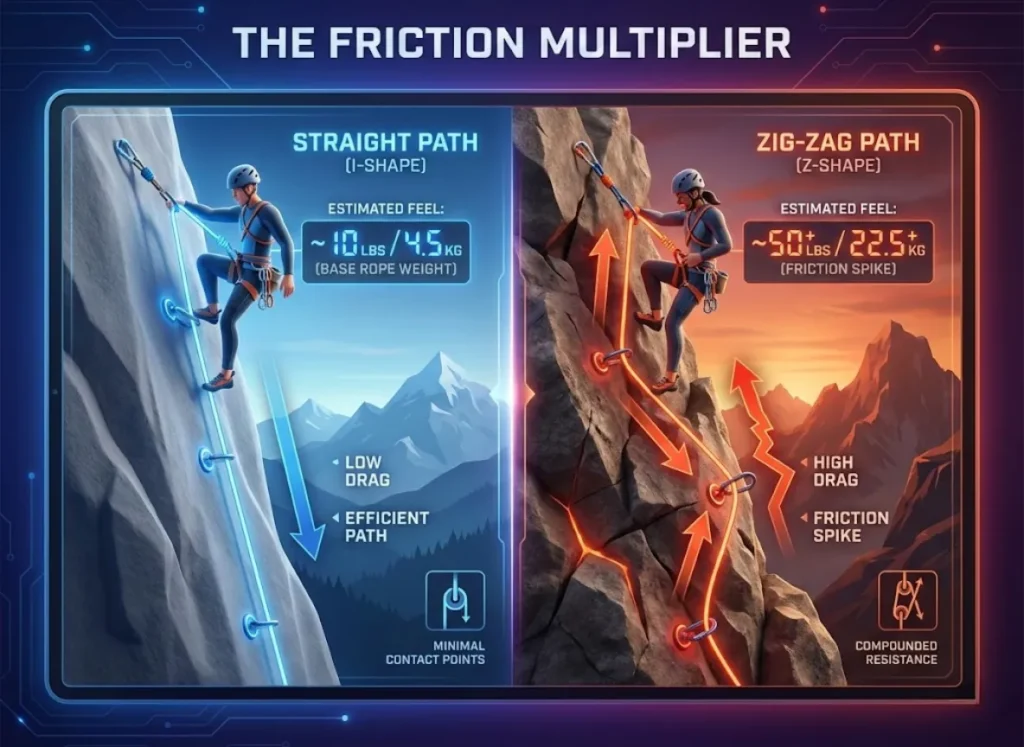 A side-by-side infographic titled 'THE FRICTION MULTIPLIER'. The left panel shows a 'STRAIGHT PATH (I-SHAPE)' with a rope running straight down a rock face, labeled 'LOW DRAG' with an estimated load feel of ~10 lbs/4.5 kg. The right panel shows a 'ZIG-ZAG PATH (Z-SHAPE)' with the rope bending sharply between multiple anchors on rough terrain, labeled 'HIGH DRAG' with an estimated load feel of ~50+ lbs/22.5+ kg due to multiplied friction.